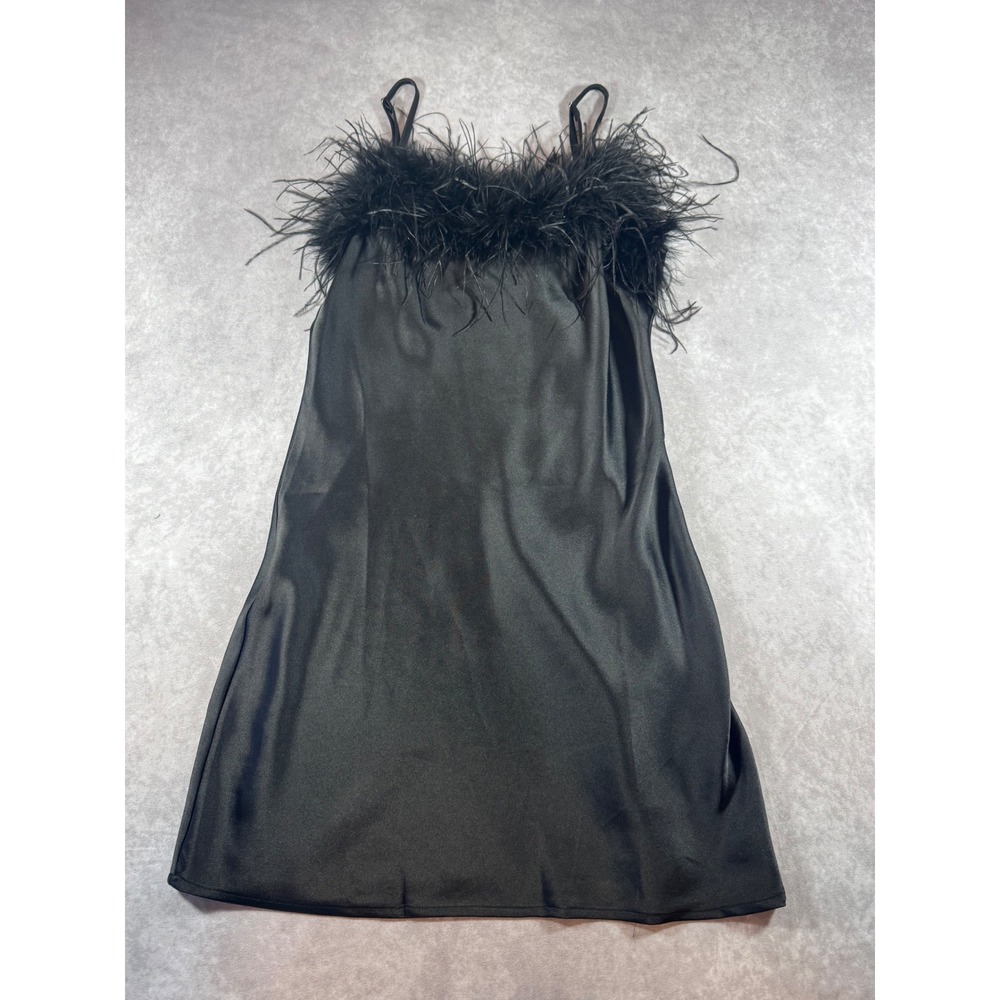 Forever 21 Black Satin Feather Trim Mini Dress Small Adjustable Straps Party